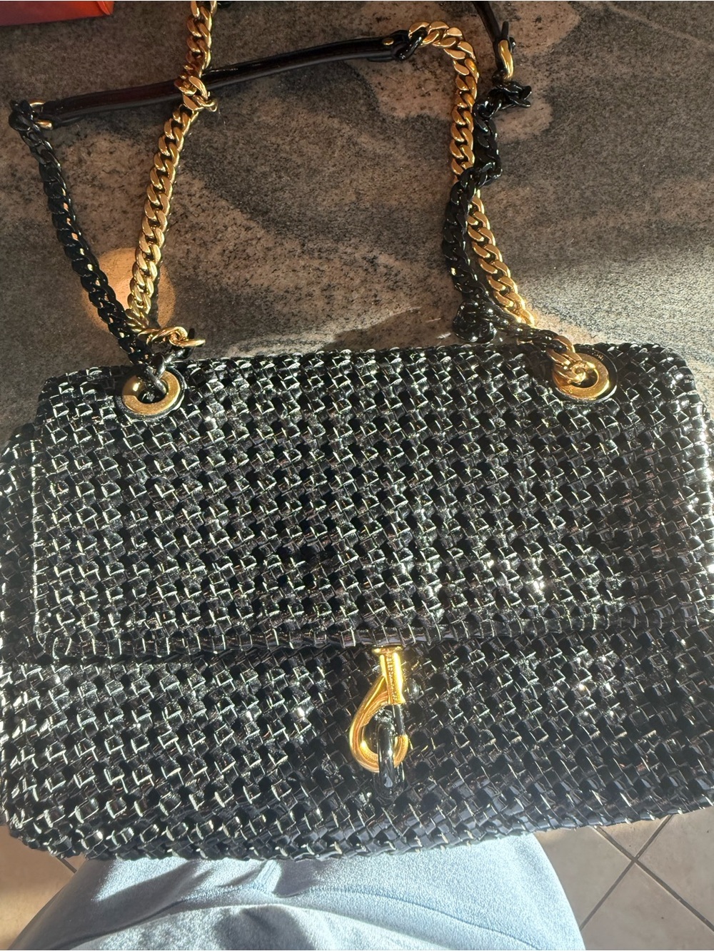 Rebecca Minkoff Black Woven Shoulder Bag with Gold Chain